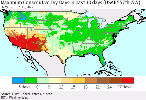 United States Maximum Consecutive Dry Days in past 30 days (USAF 557th WW) 06/15/2022 Thematic Map For 6/11/2022 - 6/15/2022