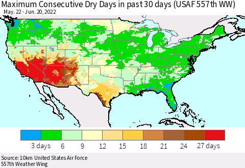 United States Maximum Consecutive Dry Days in past 30 days (USAF 557th WW) 06/20/2022 Thematic Map For 6/16/2022 - 6/20/2022