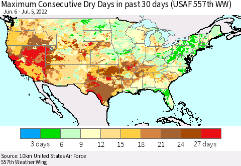 United States Maximum Consecutive Dry Days in past 30 days (USAF 557th WW) 07/05/2022 Thematic Map For 7/1/2022 - 7/5/2022