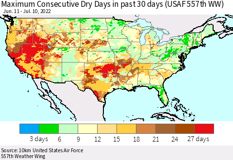 United States Maximum Consecutive Dry Days in past 30 days (USAF 557th WW) 07/10/2022 Thematic Map For 7/6/2022 - 7/10/2022