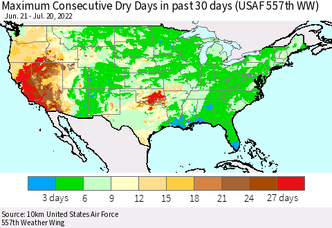 United States Maximum Consecutive Dry Days in past 30 days (USAF 557th WW) 07/20/2022 Thematic Map For 7/16/2022 - 7/20/2022