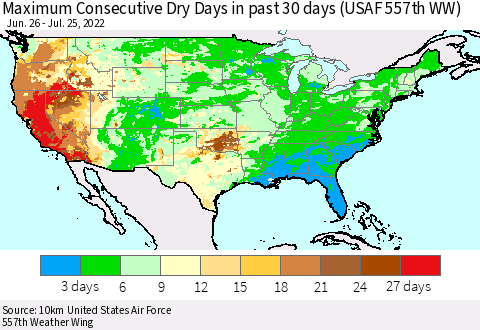 United States Maximum Consecutive Dry Days in past 30 days (USAF 557th WW) 07/25/2022 Thematic Map For 7/21/2022 - 7/25/2022