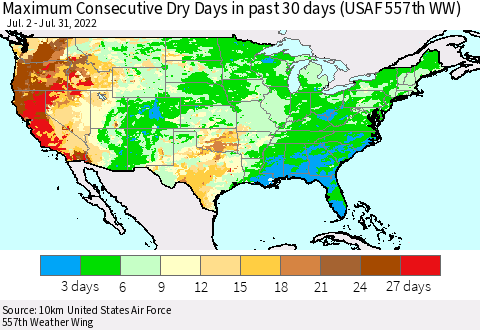 United States Maximum Consecutive Dry Days in past 30 days (USAF 557th WW) 07/31/2022 Thematic Map For 7/26/2022 - 7/31/2022