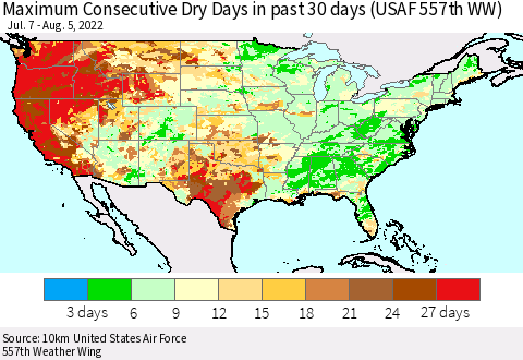 United States Maximum Consecutive Dry Days in past 30 days (USAF 557th WW) 08/05/2022 Thematic Map For 8/1/2022 - 8/5/2022