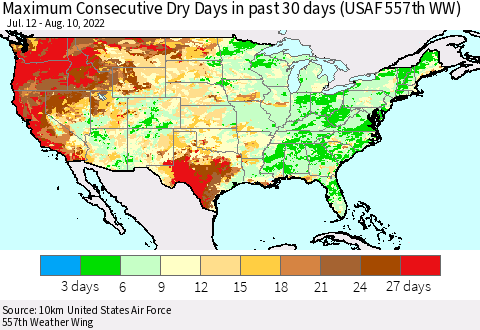 United States Maximum Consecutive Dry Days in past 30 days (USAF 557th WW) 08/10/2022 Thematic Map For 8/6/2022 - 8/10/2022