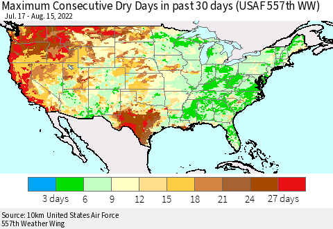 United States Maximum Consecutive Dry Days in past 30 days (USAF 557th WW) 08/15/2022 Thematic Map For 8/11/2022 - 8/15/2022
