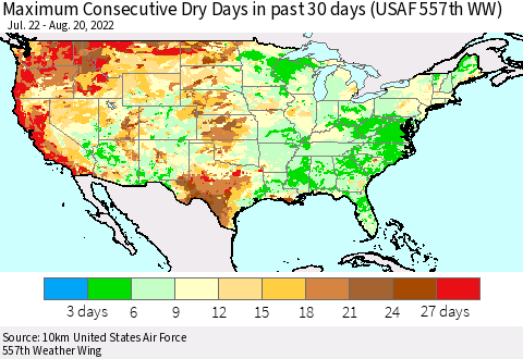 United States Maximum Consecutive Dry Days in past 30 days (USAF 557th WW) 08/20/2022 Thematic Map For 8/16/2022 - 8/20/2022