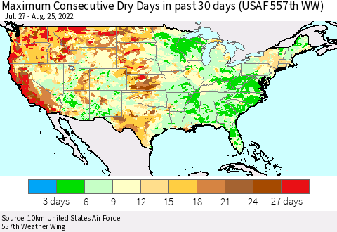 United States Maximum Consecutive Dry Days in past 30 days (USAF 557th WW) 08/25/2022 Thematic Map For 8/21/2022 - 8/25/2022