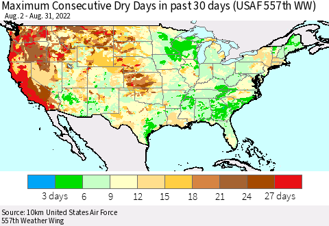 United States Maximum Consecutive Dry Days in past 30 days (USAF 557th WW) 08/31/2022 Thematic Map For 8/26/2022 - 8/31/2022
