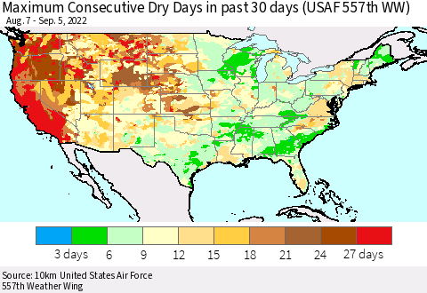 United States Maximum Consecutive Dry Days in past 30 days (USAF 557th WW) 09/05/2022 Thematic Map For 9/1/2022 - 9/5/2022