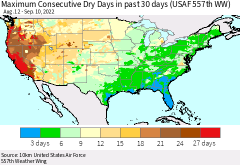 United States Maximum Consecutive Dry Days in past 30 days (USAF 557th WW) 09/10/2022 Thematic Map For 9/6/2022 - 9/10/2022