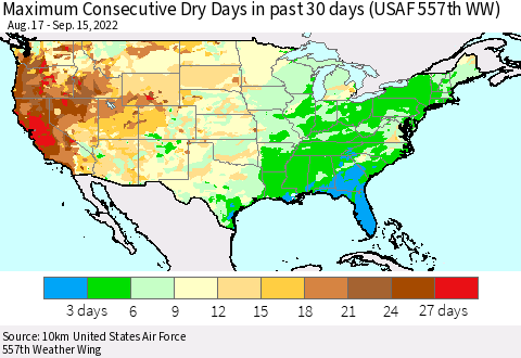 United States Maximum Consecutive Dry Days in past 30 days (USAF 557th WW) 09/15/2022 Thematic Map For 9/11/2022 - 9/15/2022