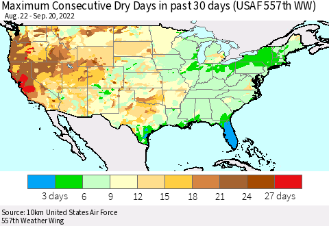 United States Maximum Consecutive Dry Days in past 30 days (USAF 557th WW) 09/20/2022 Thematic Map For 9/16/2022 - 9/20/2022