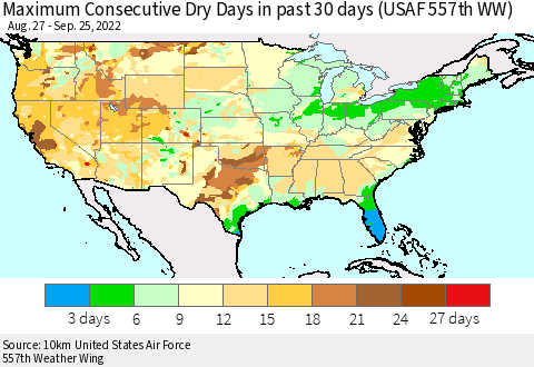 United States Maximum Consecutive Dry Days in past 30 days (USAF 557th WW) 09/25/2022 Thematic Map For 9/21/2022 - 9/25/2022