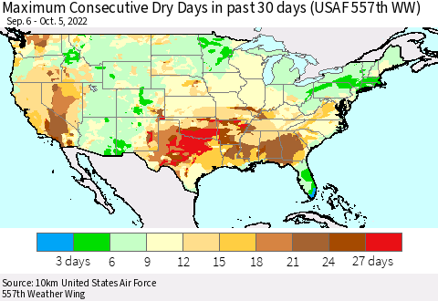 United States Maximum Consecutive Dry Days in past 30 days (USAF 557th WW) 10/05/2022 Thematic Map For 10/1/2022 - 10/5/2022