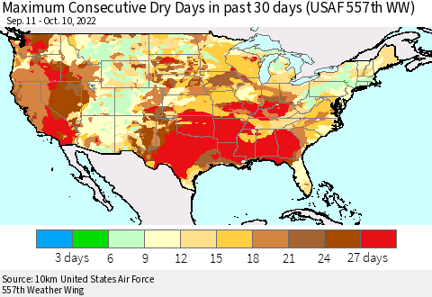 United States Maximum Consecutive Dry Days in past 30 days (USAF 557th WW) 10/10/2022 Thematic Map For 10/6/2022 - 10/10/2022
