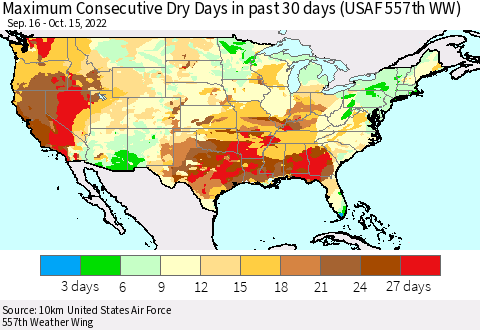 United States Maximum Consecutive Dry Days in past 30 days (USAF 557th WW) 10/15/2022 Thematic Map For 10/11/2022 - 10/15/2022