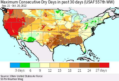 United States Maximum Consecutive Dry Days in past 30 days (USAF 557th WW) 10/20/2022 Thematic Map For 10/16/2022 - 10/20/2022