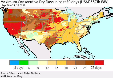 United States Maximum Consecutive Dry Days in past 30 days (USAF 557th WW) 10/25/2022 Thematic Map For 10/21/2022 - 10/25/2022