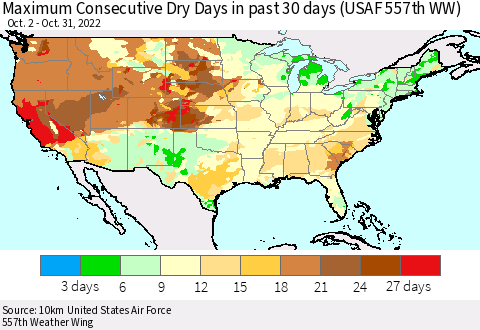 United States Maximum Consecutive Dry Days in past 30 days (USAF 557th WW) 10/31/2022 Thematic Map For 10/26/2022 - 10/31/2022