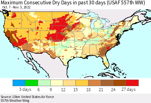 United States Maximum Consecutive Dry Days in past 30 days (USAF 557th WW) 11/05/2022 Thematic Map For 11/1/2022 - 11/5/2022
