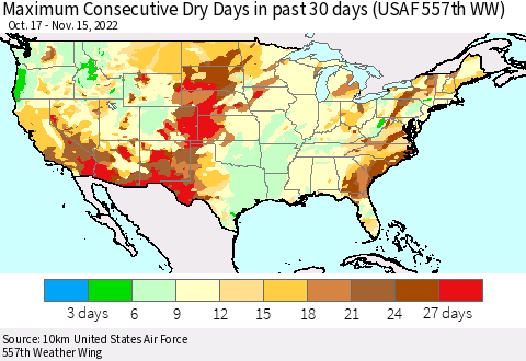 United States Maximum Consecutive Dry Days in past 30 days (USAF 557th WW) 11/15/2022 Thematic Map For 11/11/2022 - 11/15/2022