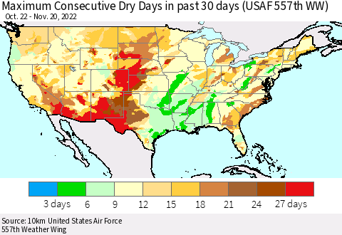United States Maximum Consecutive Dry Days in past 30 days (USAF 557th WW) 11/20/2022 Thematic Map For 11/16/2022 - 11/20/2022