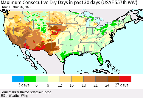 United States Maximum Consecutive Dry Days in past 30 days (USAF 557th WW) 11/30/2022 Thematic Map For 11/26/2022 - 11/30/2022