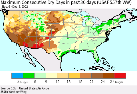 United States Maximum Consecutive Dry Days in past 30 days (USAF 557th WW) 12/05/2022 Thematic Map For 12/1/2022 - 12/5/2022