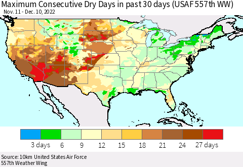United States Maximum Consecutive Dry Days in past 30 days (USAF 557th WW) 12/10/2022 Thematic Map For 12/6/2022 - 12/10/2022