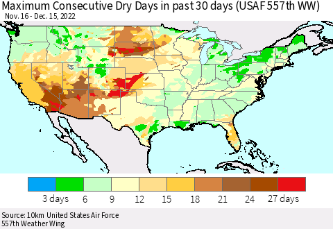 United States Maximum Consecutive Dry Days in past 30 days (USAF 557th WW) 12/15/2022 Thematic Map For 12/11/2022 - 12/15/2022