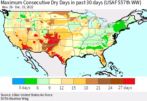 United States Maximum Consecutive Dry Days in past 30 days (USAF 557th WW) 12/25/2022 Thematic Map For 12/21/2022 - 12/25/2022