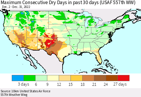 United States Maximum Consecutive Dry Days in past 30 days (USAF 557th WW) 12/31/2022 Thematic Map For 12/26/2022 - 12/31/2022