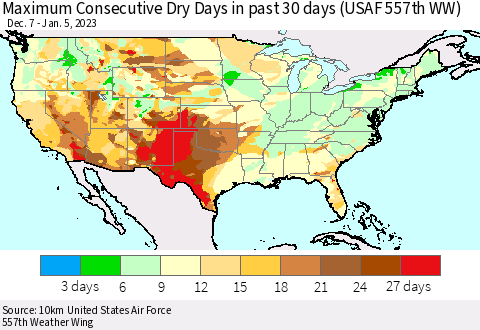 United States Maximum Consecutive Dry Days in past 30 days (USAF 557th WW) 01/05/2023 Thematic Map For 1/1/2023 - 1/5/2023