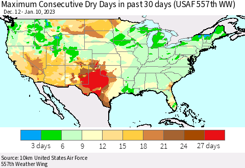 United States Maximum Consecutive Dry Days in past 30 days (USAF 557th WW) 01/10/2023 Thematic Map For 1/6/2023 - 1/10/2023
