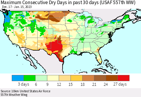 United States Maximum Consecutive Dry Days in past 30 days (USAF 557th WW) 01/15/2023 Thematic Map For 1/11/2023 - 1/15/2023