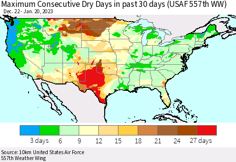 United States Maximum Consecutive Dry Days in past 30 days (USAF 557th WW) 01/20/2023 Thematic Map For 1/16/2023 - 1/20/2023
