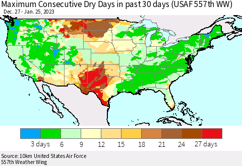 United States Maximum Consecutive Dry Days in past 30 days (USAF 557th WW) 01/25/2023 Thematic Map For 1/21/2023 - 1/25/2023