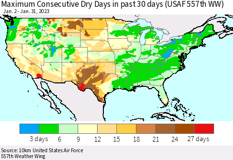 United States Maximum Consecutive Dry Days in past 30 days (USAF 557th WW) 01/31/2023 Thematic Map For 1/26/2023 - 1/31/2023