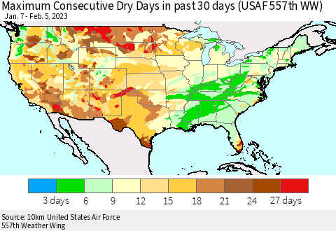 United States Maximum Consecutive Dry Days in past 30 days (USAF 557th WW) 02/05/2023 Thematic Map For 2/1/2023 - 2/5/2023