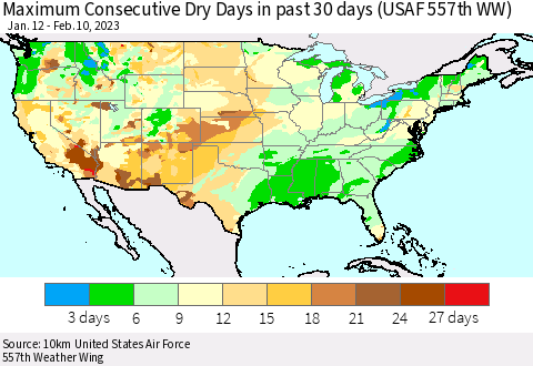 United States Maximum Consecutive Dry Days in past 30 days (USAF 557th WW) 02/10/2023 Thematic Map For 2/6/2023 - 2/10/2023