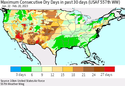 United States Maximum Consecutive Dry Days in past 30 days (USAF 557th WW) 02/20/2023 Thematic Map For 2/16/2023 - 2/20/2023