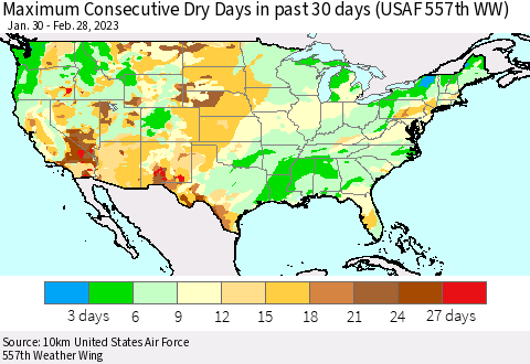 United States Maximum Consecutive Dry Days in past 30 days (USAF 557th WW) 02/28/2023 Thematic Map For 2/26/2023 - 2/28/2023