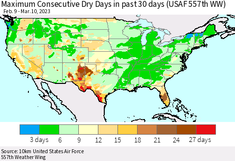 United States Maximum Consecutive Dry Days in past 30 days (USAF 557th WW) 03/10/2023 Thematic Map For 3/6/2023 - 3/10/2023