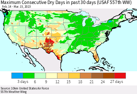 United States Maximum Consecutive Dry Days in past 30 days (USAF 557th WW) 03/15/2023 Thematic Map For 3/11/2023 - 3/15/2023