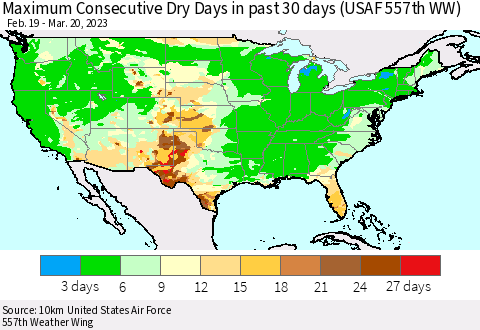 United States Maximum Consecutive Dry Days in past 30 days (USAF 557th WW) 03/20/2023 Thematic Map For 3/16/2023 - 3/20/2023