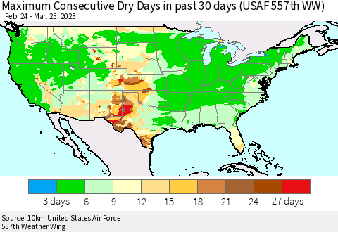 United States Maximum Consecutive Dry Days in past 30 days (USAF 557th WW) 03/25/2023 Thematic Map For 3/21/2023 - 3/25/2023