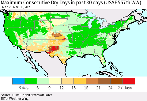 United States Maximum Consecutive Dry Days in past 30 days (USAF 557th WW) 03/31/2023 Thematic Map For 3/26/2023 - 3/31/2023