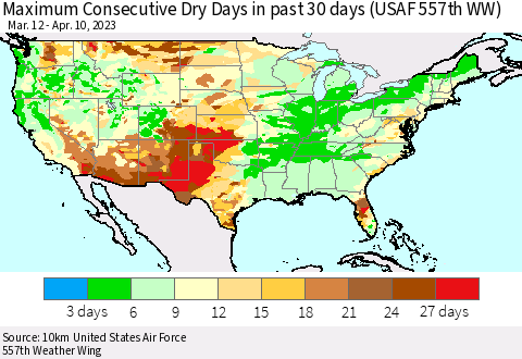 United States Maximum Consecutive Dry Days in past 30 days (USAF 557th WW) 04/10/2023 Thematic Map For 4/6/2023 - 4/10/2023