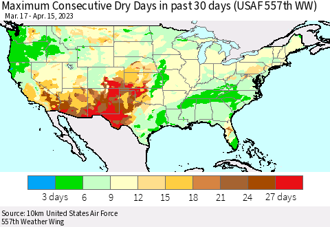 United States Maximum Consecutive Dry Days in past 30 days (USAF 557th WW) 04/15/2023 Thematic Map For 4/11/2023 - 4/15/2023